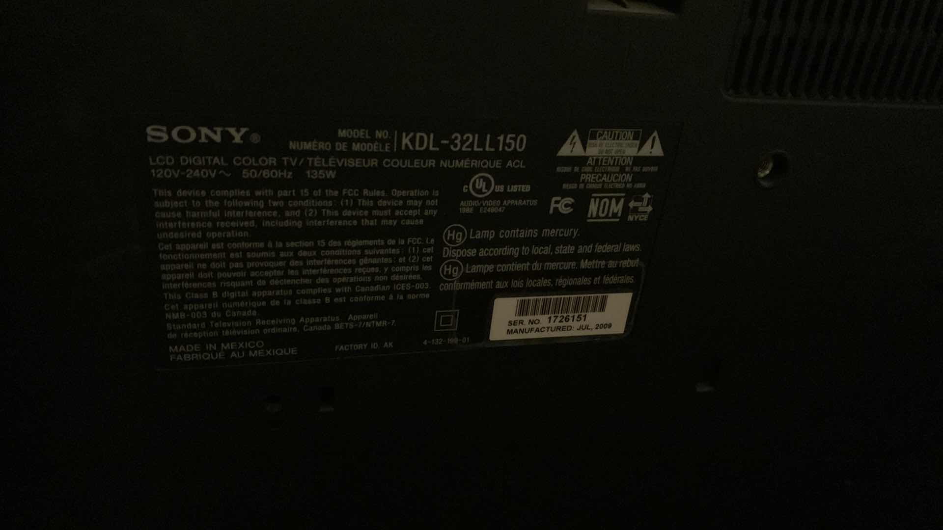 Photo 3 of SONY 42” TELEVISION MODEL KDL-32LL150