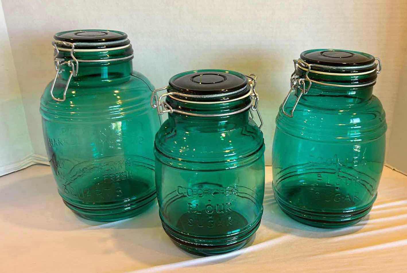 Photo 1 of 3-GREEN GLASS APOTHECARY KITCHEN JARS