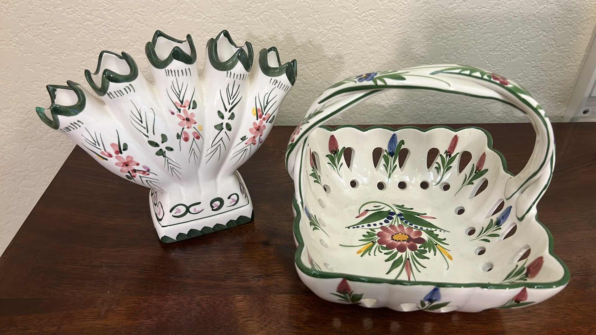 Photo 2 of 2-PORCELAIN HAND PAINTED FLORAL BASKET & VASE RCCL MADE IN PORTUGAL