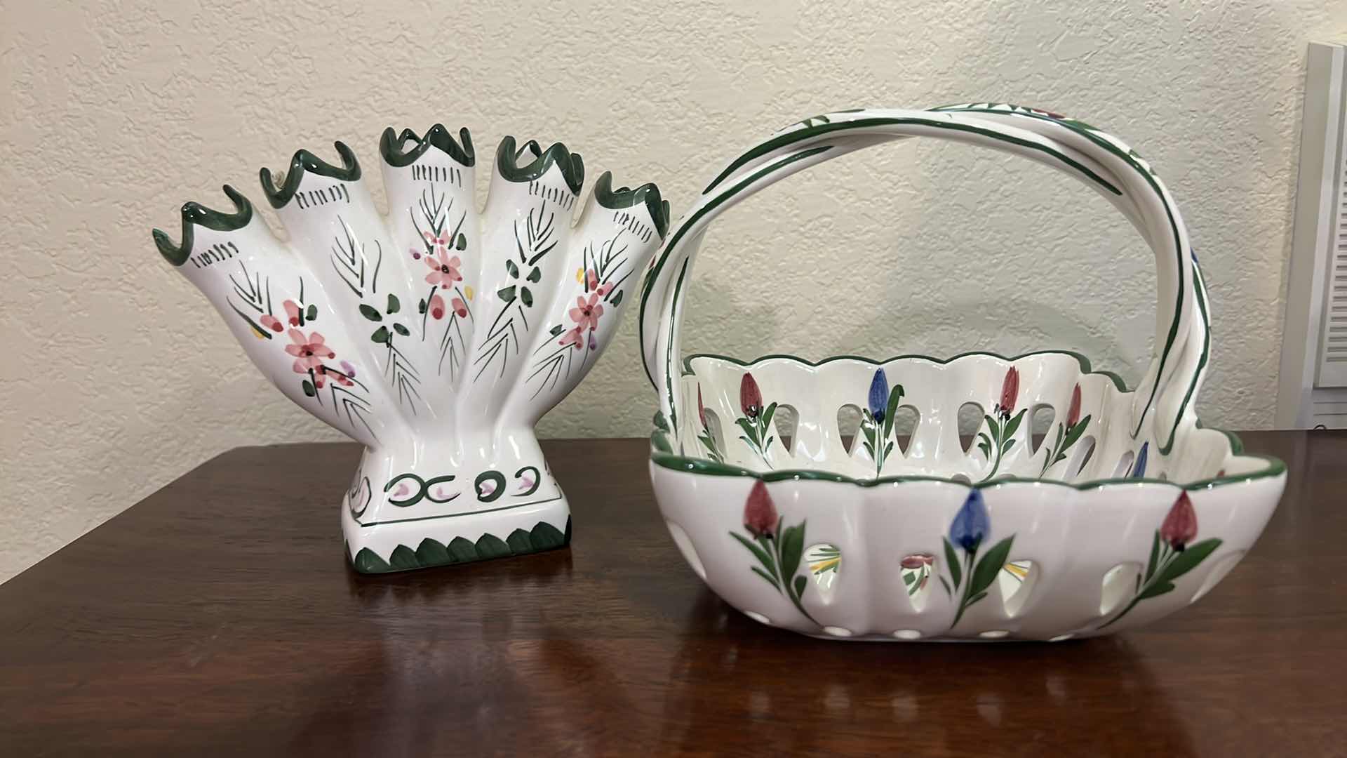 Photo 1 of 2-PORCELAIN HAND PAINTED FLORAL BASKET & VASE RCCL MADE IN PORTUGAL