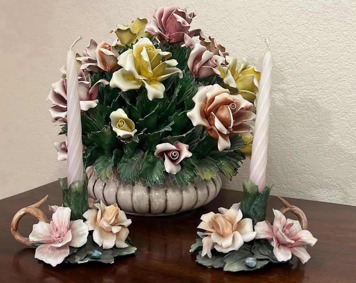 Photo 1 of VINTAGE CAPODIMONTE ROSES PORCELAIN FLORAL ITALIAN CENTERPIECE W 14" H18", 2 CAPODIMONTE ROSES CANDLEHOLDERS H17 x W14"