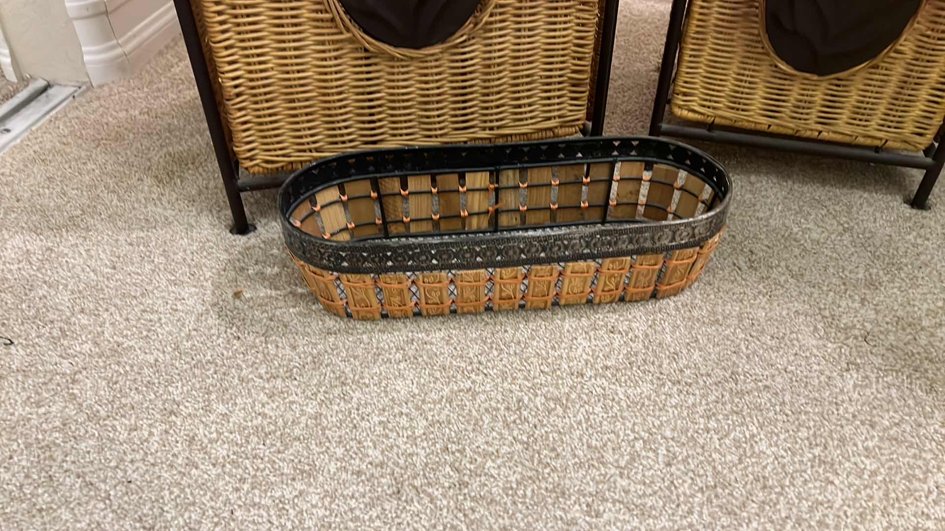 Photo 3 of 2-RATTAN W BROWN METAL BINS/HAMPERS, RATTAN BASKET (TALLEST BIN 19" x 13")