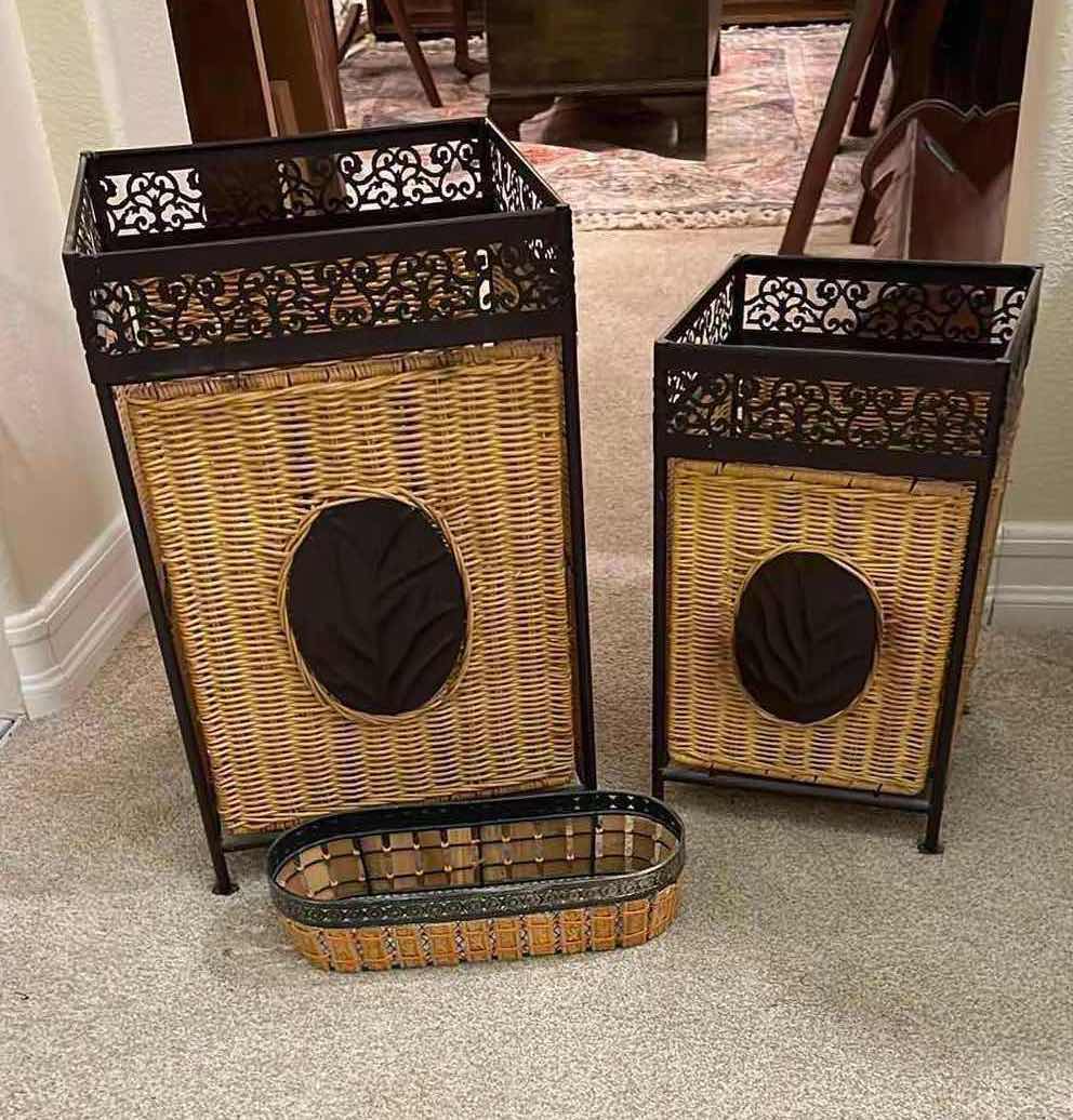 Photo 1 of 2-RATTAN W BROWN METAL BINS/HAMPERS, RATTAN BASKET (TALLEST BIN 19" x 13")