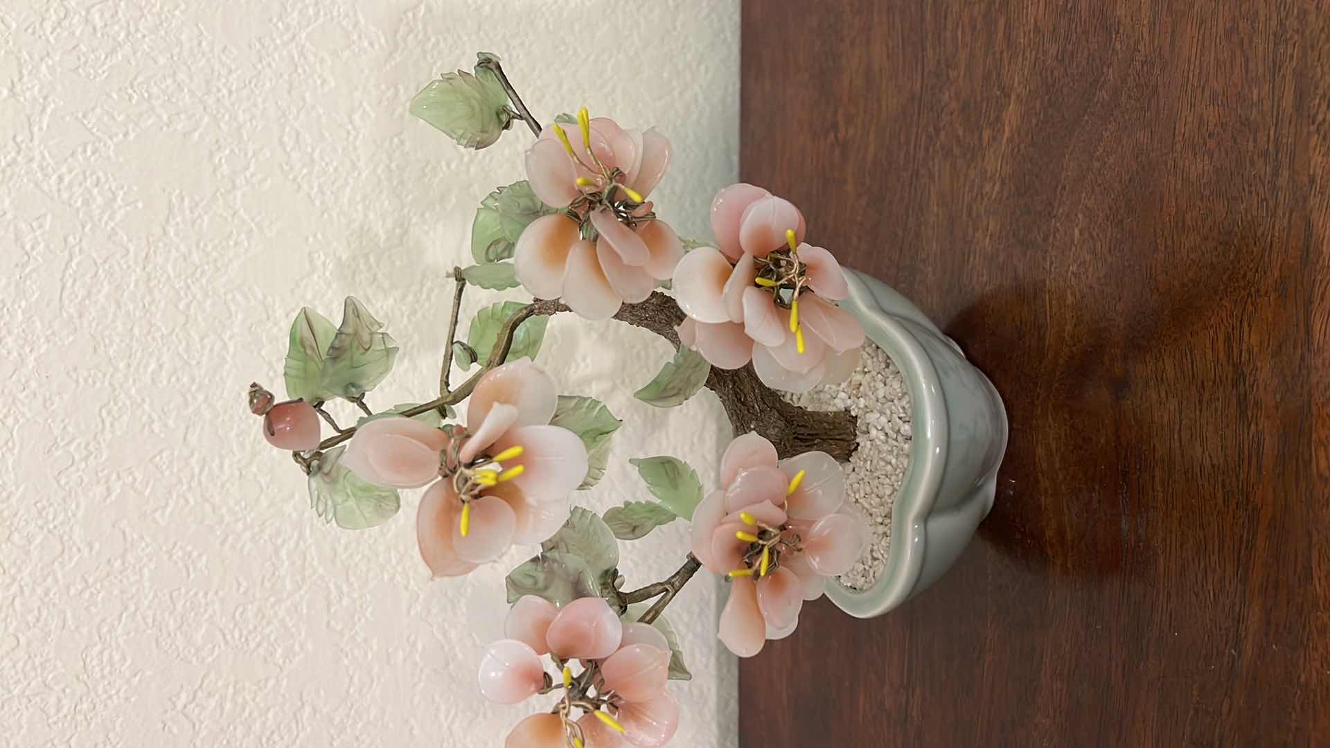 Photo 2 of VINTAGE JAPANESE PINK FLOWER BONSAI GLASS TREE IN CERAMIC DISH PLANTER  W9" H10"