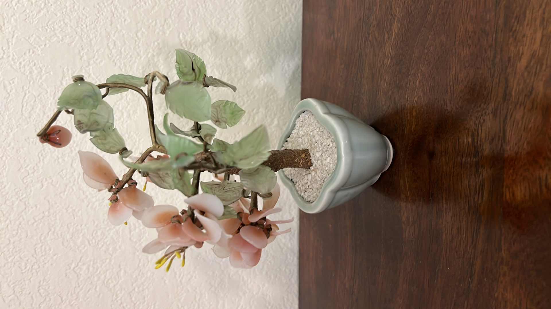 Photo 3 of VINTAGE JAPANESE PINK FLOWER BONSAI GLASS TREE IN CERAMIC DISH PLANTER  W9" H10"