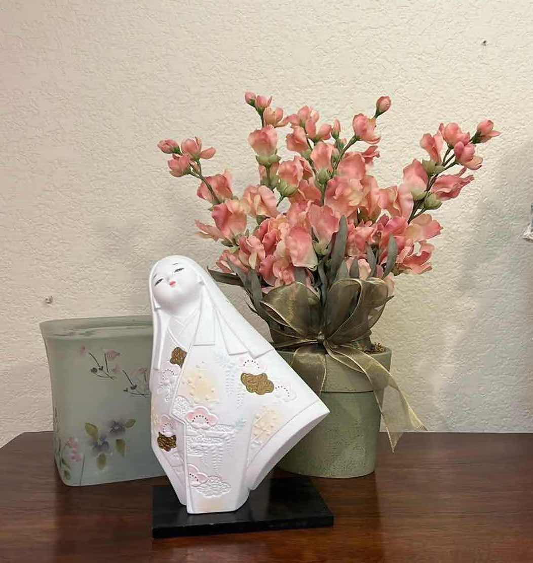 Photo 1 of 3-HOME DECOR'S (FAUX FLORAL ARRANGEMENT, CERAMIC FIGURINE, FLORAL TISSUE HOLDER