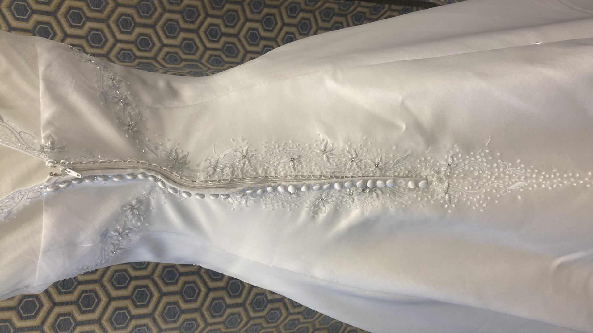 Photo 1 of BRIDAL GOWN  “MAGGIE SOTTERO COUTURE” WHITE SATIN ALINE CORSET BACK w FLORAL BEADWORK SIZE 12