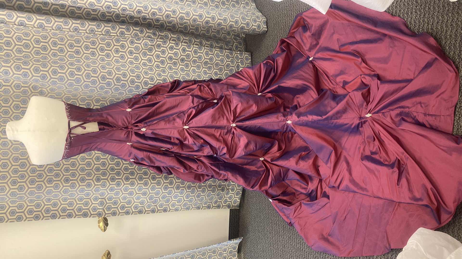 Photo 1 of BRIDAL GOWN  “MAGGIE SOTTERO COUTURE” BURGUNDY SATIN ALINE CORSET BACK w  BEADWORK SIZE 8 -10