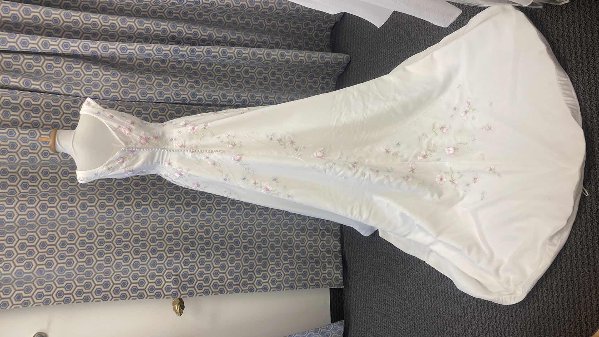 Photo 1 of BRIDAL GOWN “MONIQUE LUO” A-LINE SILHOUETTE WHITE SATIN w PINK & BLUE FLRALS WITH RHINESTONE SIZE 10