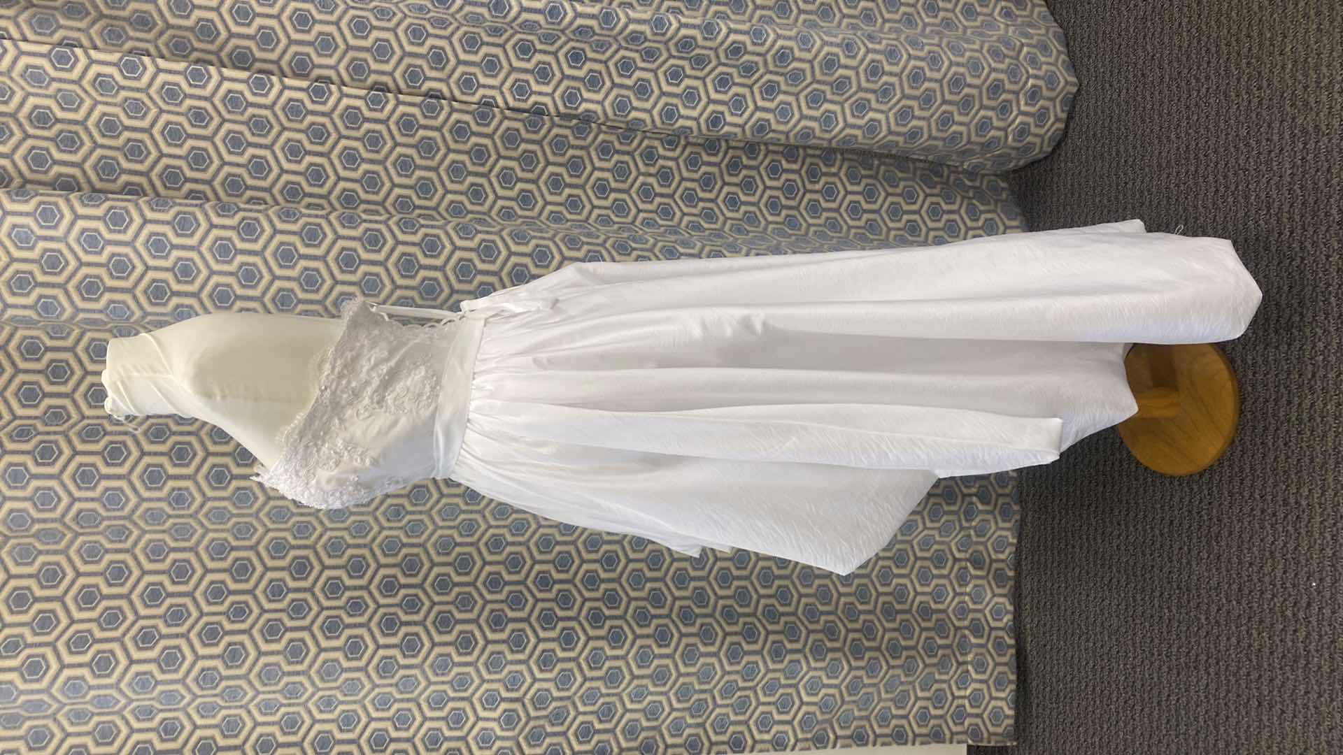 Photo 1 of BRIDAL HIGH LOW DRESS “JJ’s HOUSE” WHITE SATIN CORSET BACK  w LACE & PEARL BEADS SIZE 10