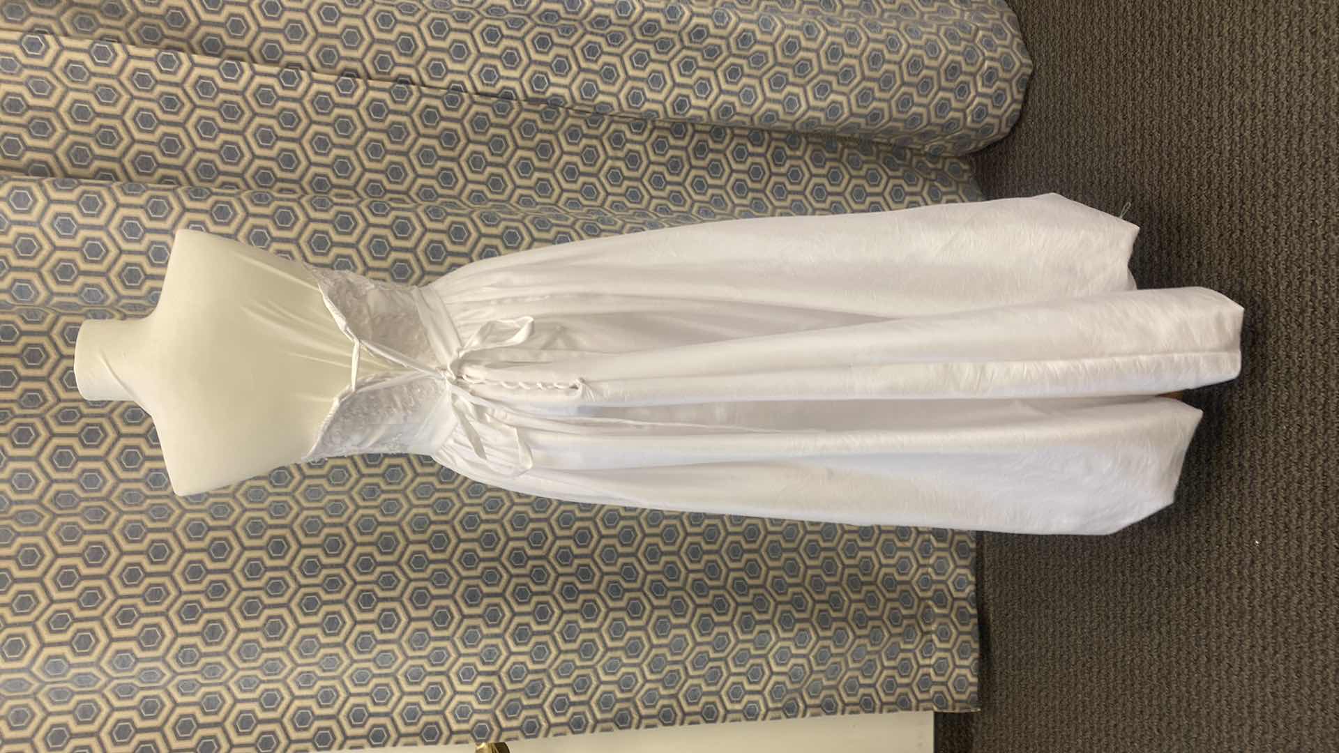 Photo 1 of BRIDAL HIGH LOW DRESS “JJ’s HOUSE” WHITE SATIN CORSET BACK  w LACE & PEARL BEADS SIZE 10