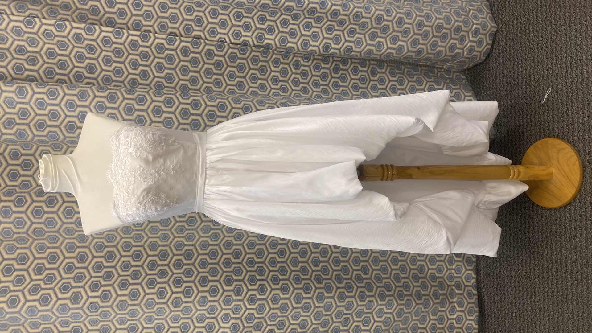 Photo 1 of BRIDAL HIGH LOW DRESS “JJ’s HOUSE” WHITE SATIN CORSET BACK  w LACE & PEARL BEADS SIZE 10