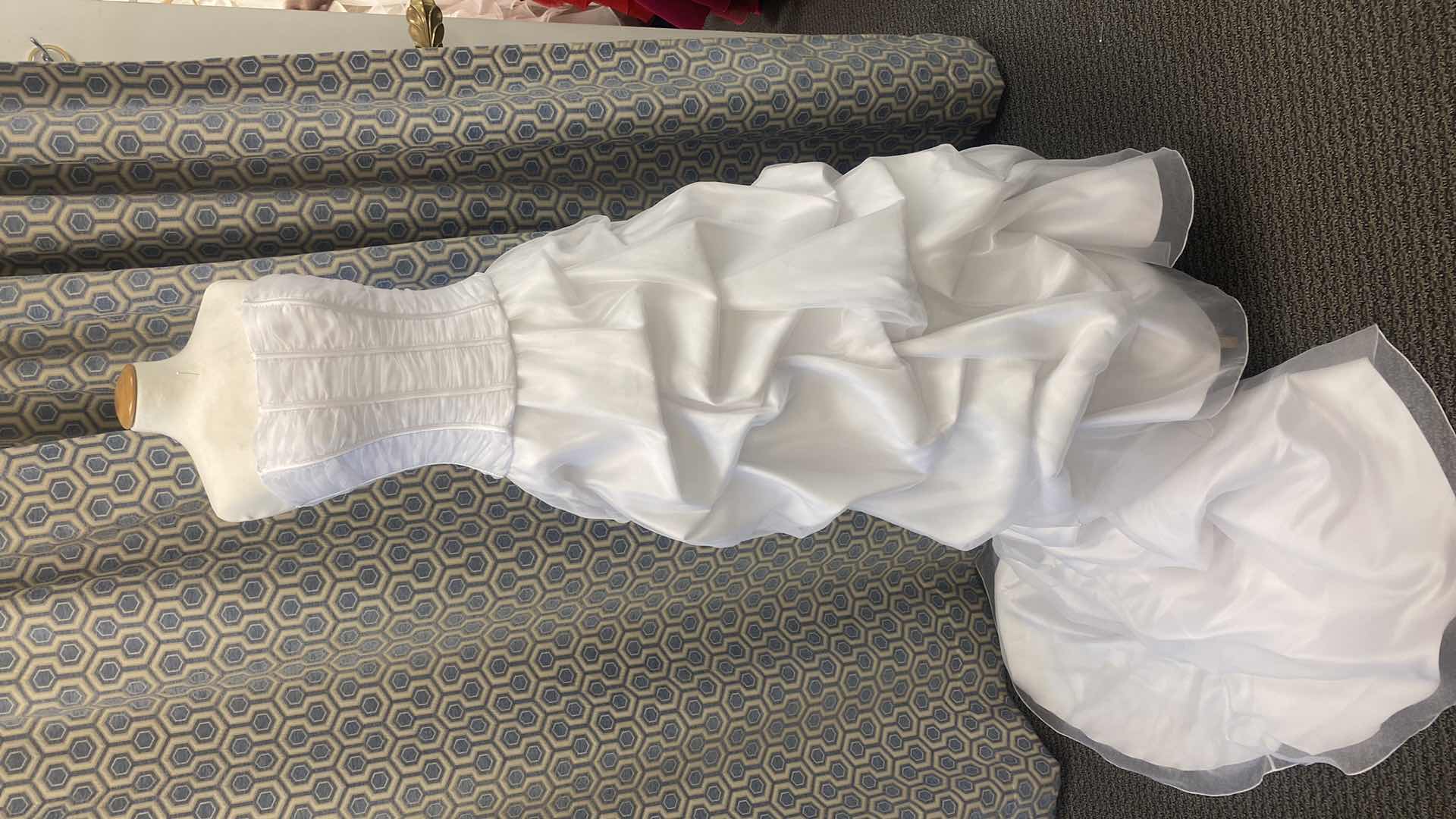 Photo 1 of BRIDAL GOWN  “MAGGIE SOTTERO COUTURE” STRAPLESS WHITE SATIN ALINE CORSET BACK w FLORAL BEADWORK SIZE 10
