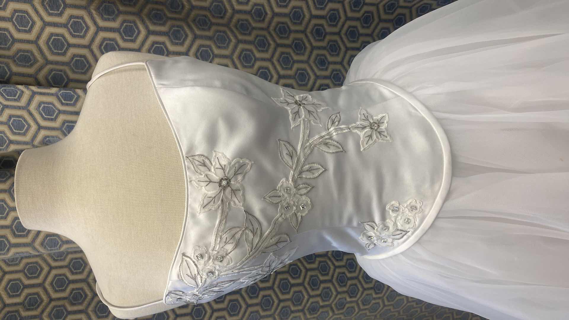 Photo 1 of BRIDAL GOWN  “MAGGIE SOTTERO COUTURE” WHITE  SATIN CORSET BACK w FLORAL EMBROIDERY SIZE 12