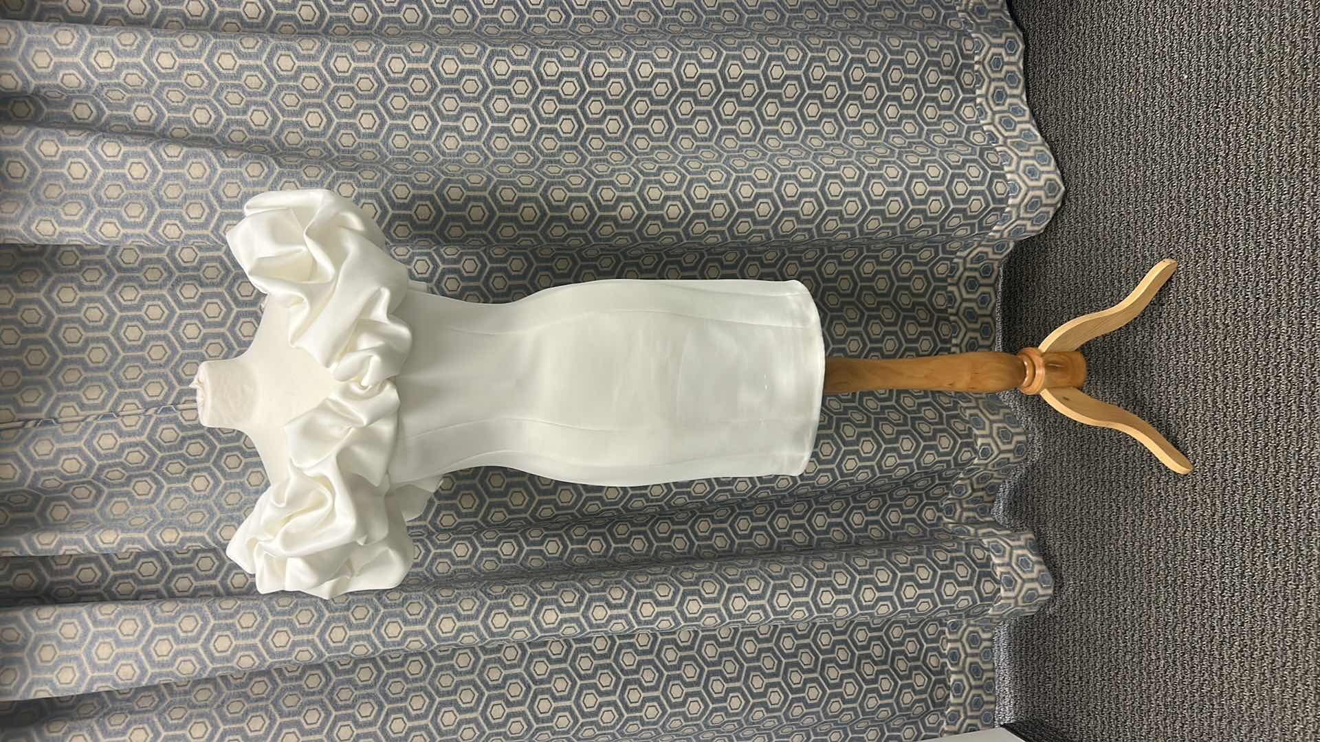 Photo 1 of BRIDAL GOWN “JOVANI” SHORT WHITE WEDDING DRESS WITH FITTED SILHOUETTE AND DRAMATIC RUFFLED SLEEVES, SIZE 10 