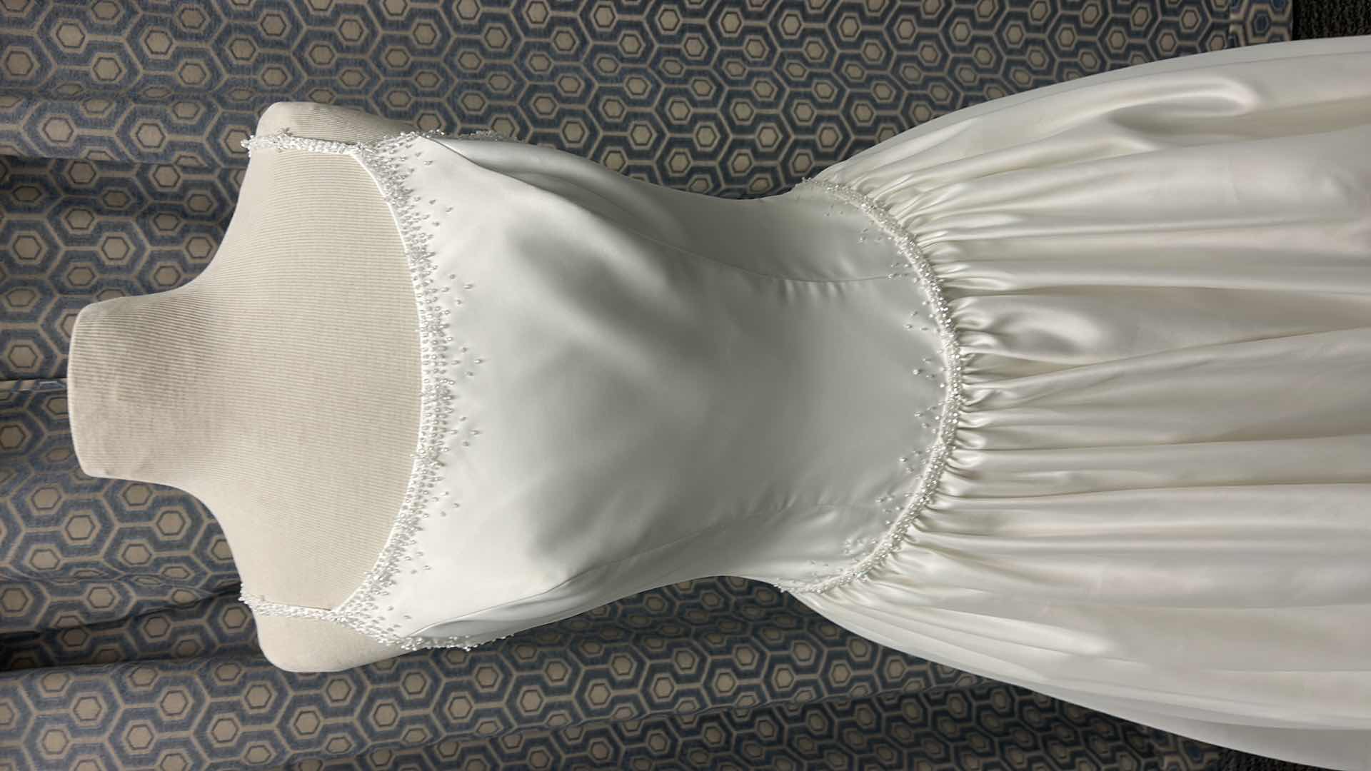Photo 1 of BRIDAL GOWN, “KATHYRN LACROIX, IVORY, SPAGHETTI STRAP, BEADED SATIN, FULL SKIRT, BEADED NECKLINE, SIZE 8 