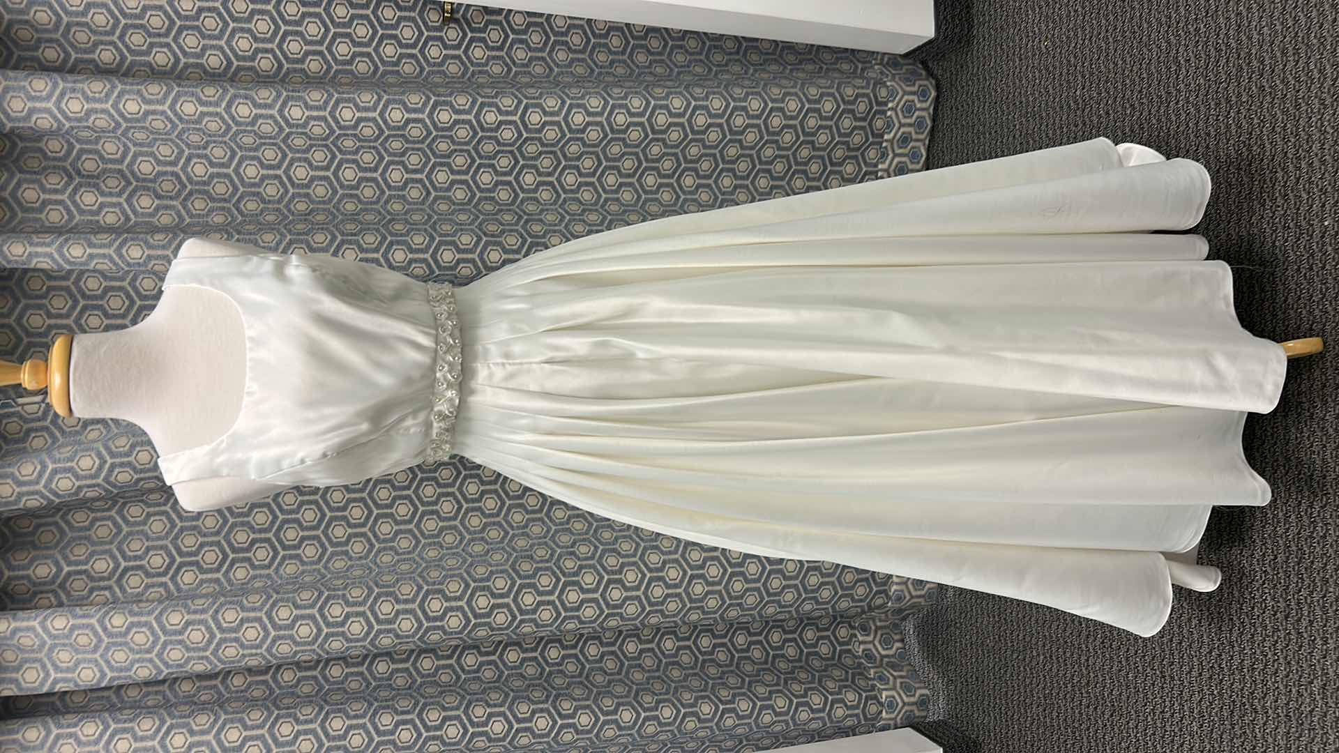 Photo 1 of BRIDAL GOWN, “A. ANGELO” , IVORY, SCOOP NECK, SHORT SLEEVES, LACE, PEARLS, AND MEDIUM TRAIN, SIZE 8. $600