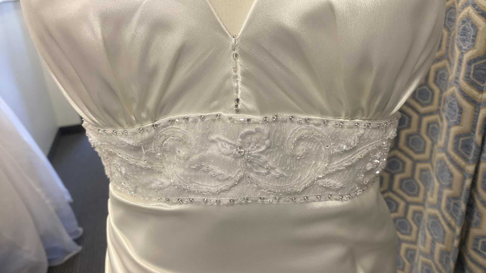 Photo 1 of BRIDAL GOWN  “MAGGIE SOTTERO COUTURE” WHITE SATIN w RHINESTONE & BUSTLE  SIZE 8