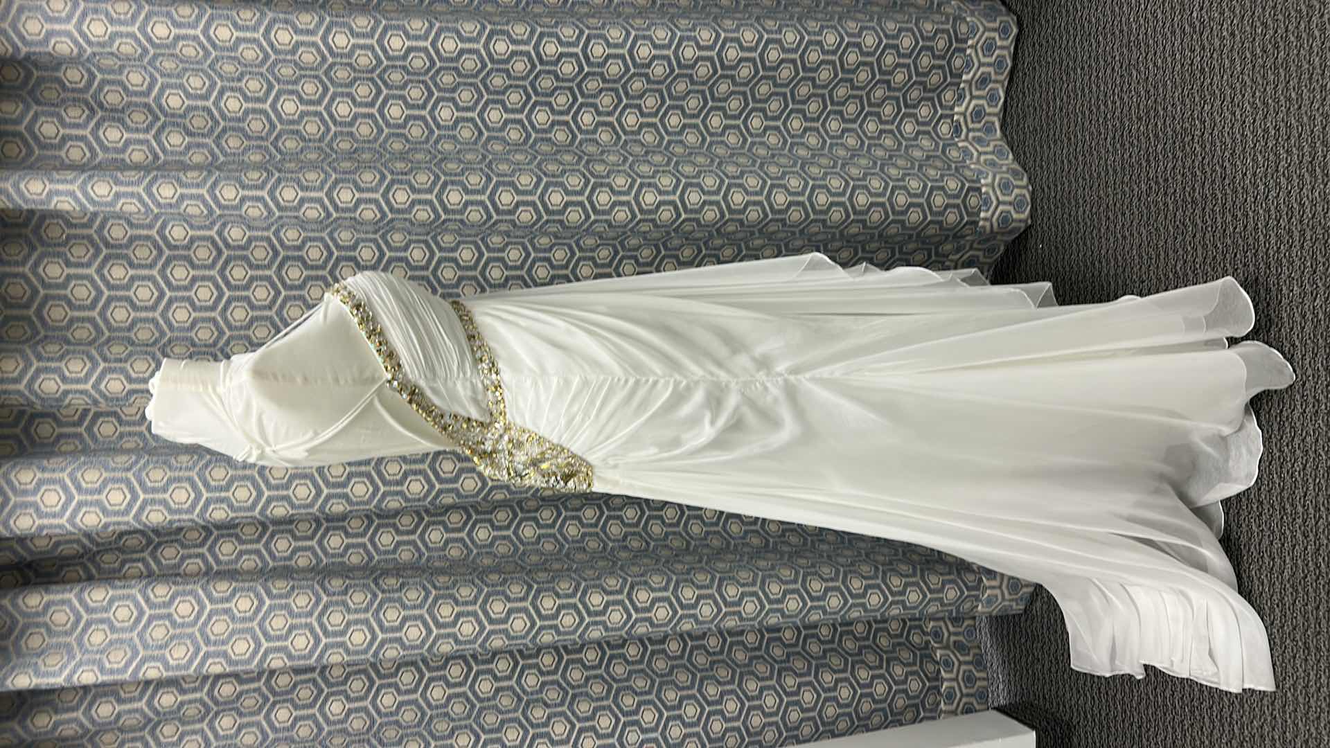 Photo 1 of BRIDAL GOWN, MNM COUTURE, STRAPLESS WHITE  WEDDING DRESS WITH RUCHED BODICE, CRYSTAL BEADING, A-LINE CHIFFON SKIRT SIZE 6 