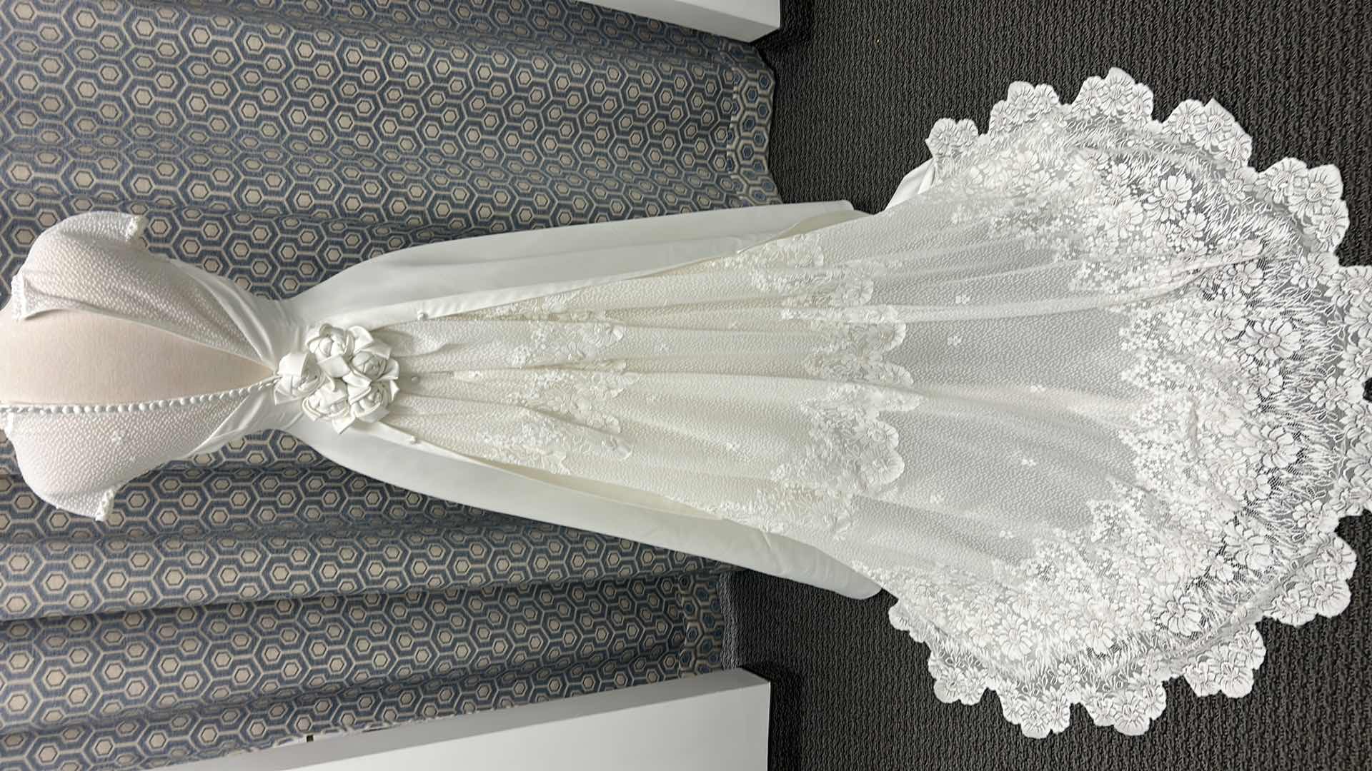 Photo 1 of BRIDAL GOWN, “MONIQUE BRIDAL, CHIFFON, SHEATH, OFF, SHORT, SLEUSSE, EMBROIDERED, ORGANZA, DETACHABLE TRAIN, IVORY. SIZE 8 $800