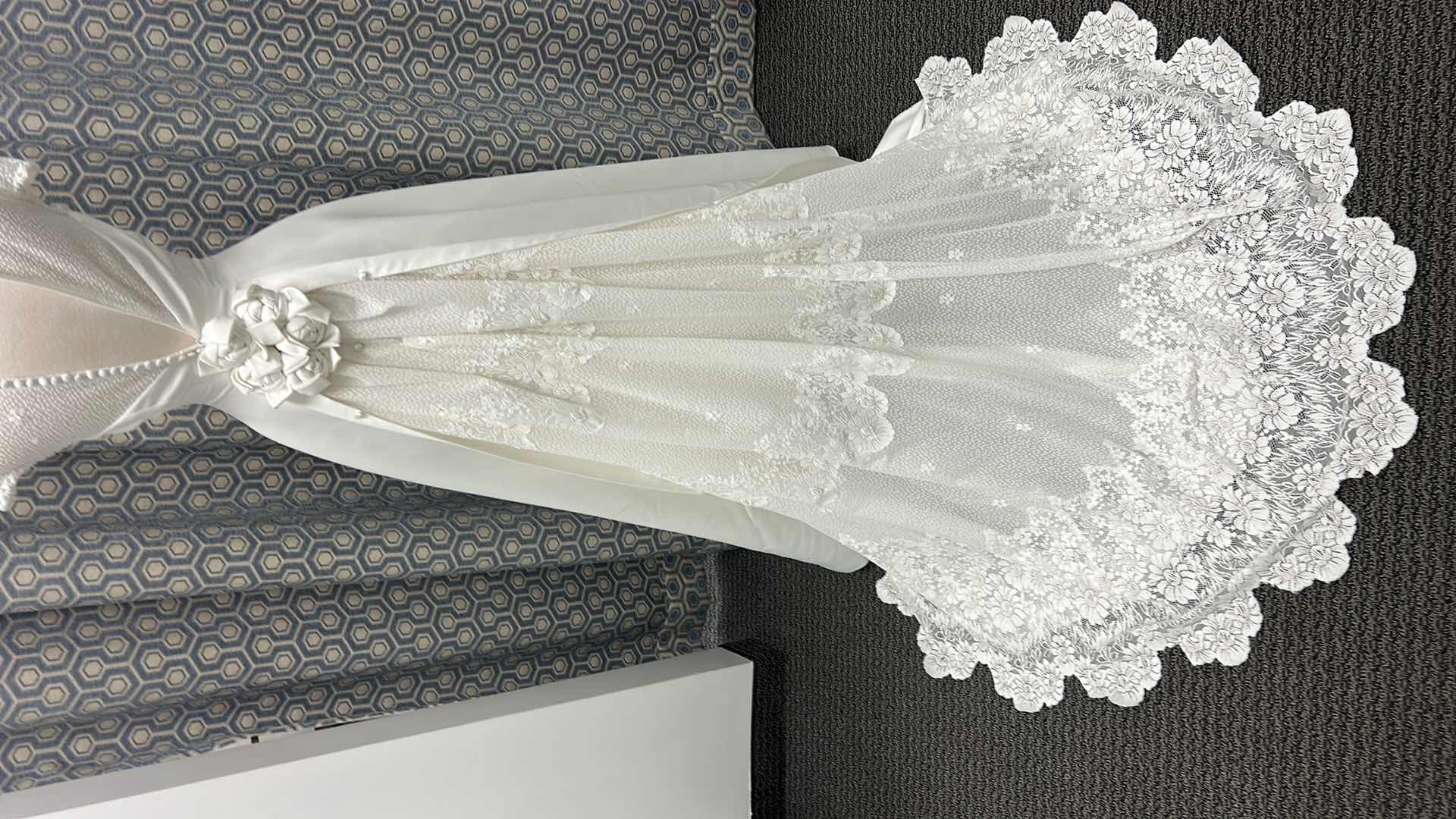 Photo 1 of BRIDAL GOWN, “MONIQUE BRIDAL, CHIFFON, SHEATH, OFF, SHORT, SLEUSSE, EMBROIDERED, ORGANZA, DETACHABLE TRAIN, IVORY. SIZE 8 $800
