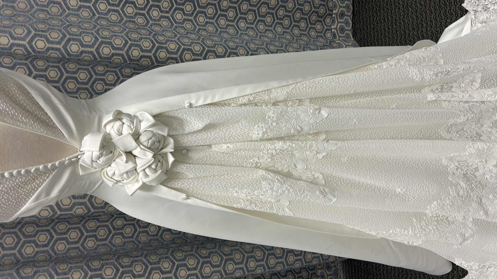 Photo 1 of BRIDAL GOWN, “MONIQUE BRIDAL, CHIFFON, SHEATH, OFF, SHORT, SLEUSSE, EMBROIDERED, ORGANZA, DETACHABLE TRAIN, IVORY. SIZE 8 $800