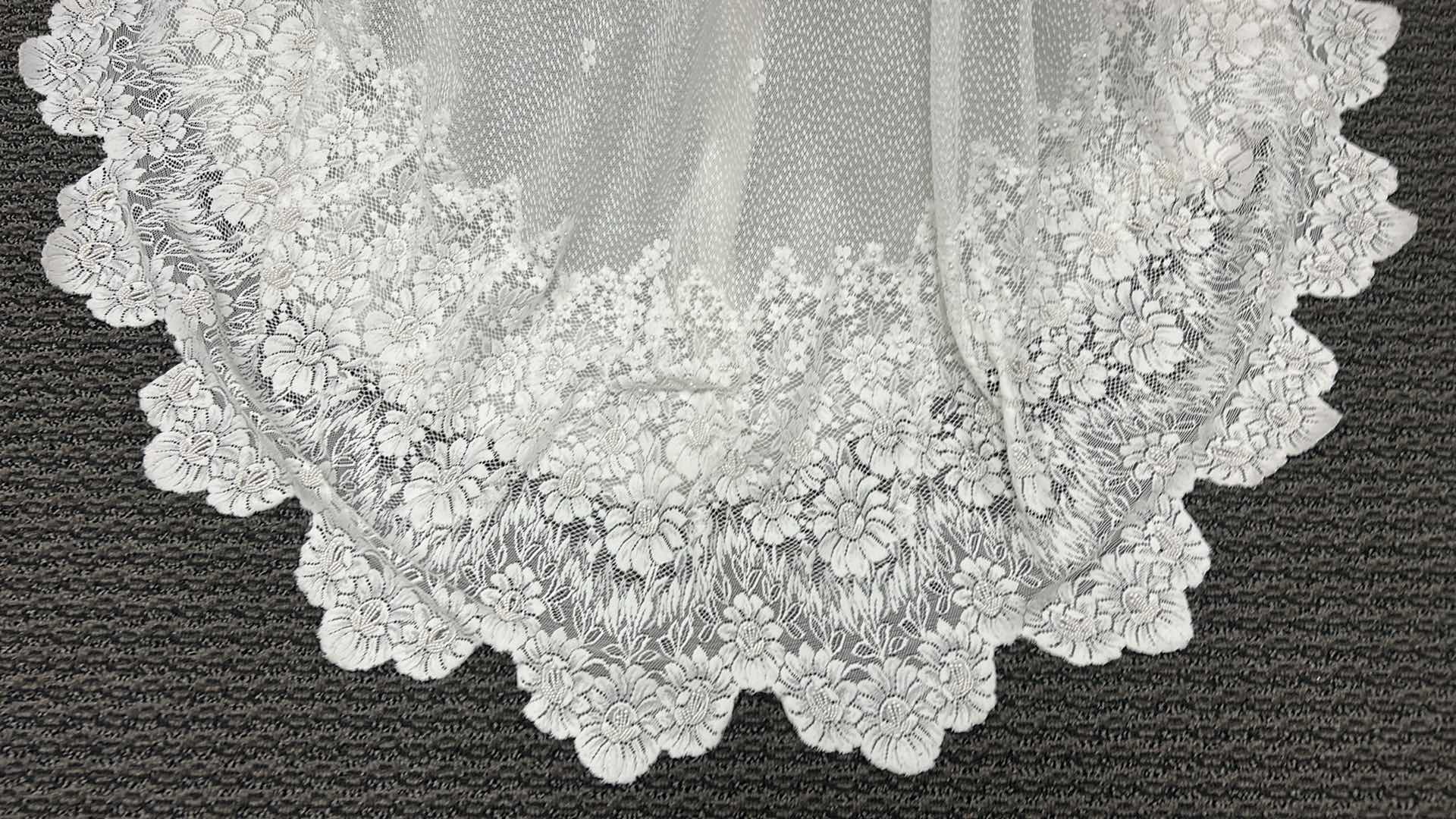 Photo 1 of BRIDAL GOWN, “MONIQUE BRIDAL, CHIFFON, SHEATH, OFF, SHORT, SLEUSSE, EMBROIDERED, ORGANZA, DETACHABLE TRAIN, IVORY. SIZE 8 $800
