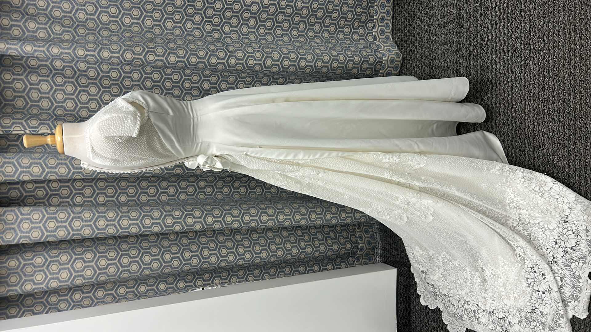 Photo 1 of BRIDAL GOWN, “MONIQUE BRIDAL, CHIFFON, SHEATH, OFF, SHORT, SLEUSSE, EMBROIDERED, ORGANZA, DETACHABLE TRAIN, IVORY. SIZE 8 $800