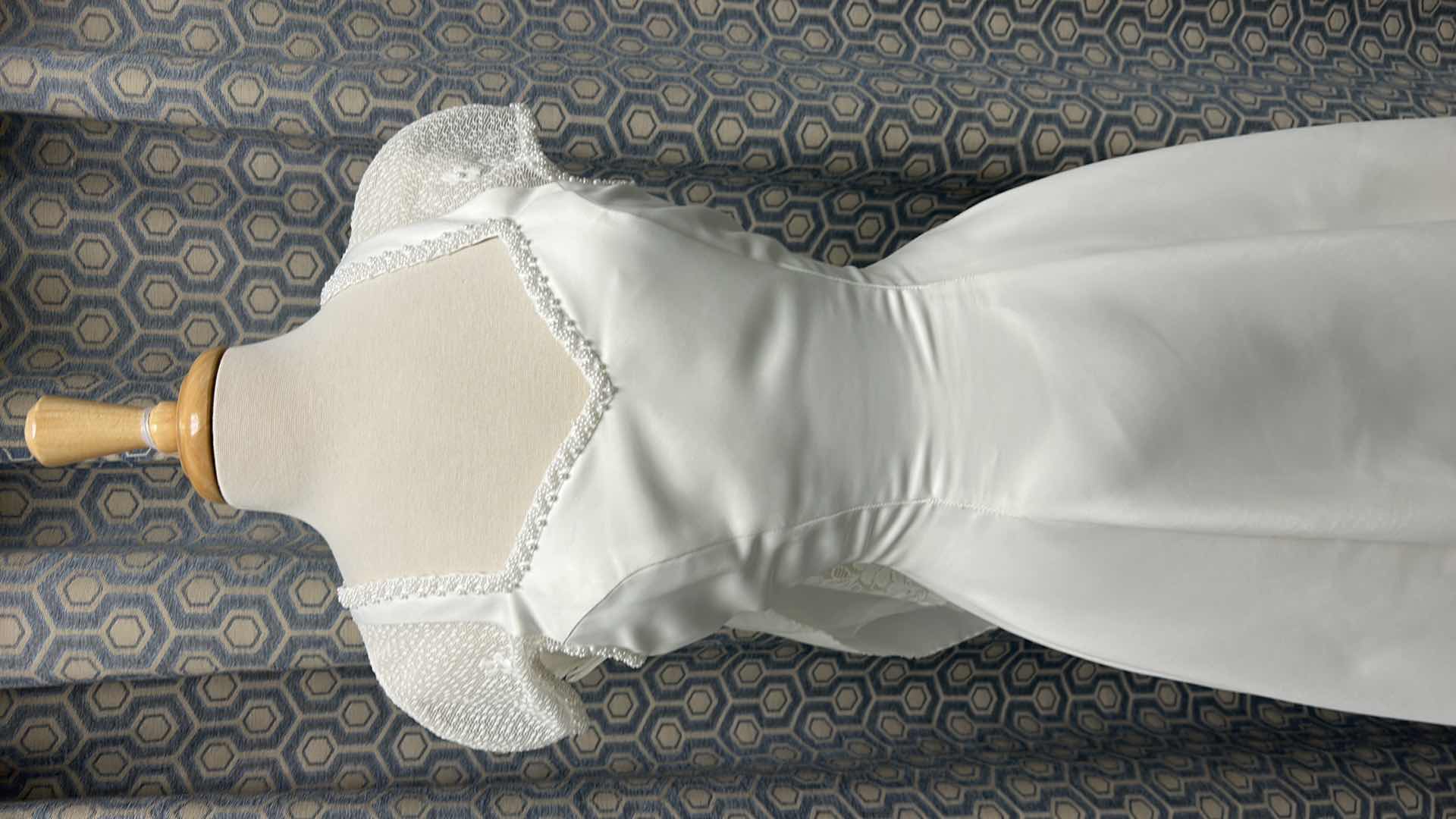 Photo 1 of BRIDAL GOWN, “MONIQUE BRIDAL, CHIFFON, SHEATH, OFF, SHORT, SLEUSSE, EMBROIDERED, ORGANZA, DETACHABLE TRAIN, IVORY. SIZE 8 $800