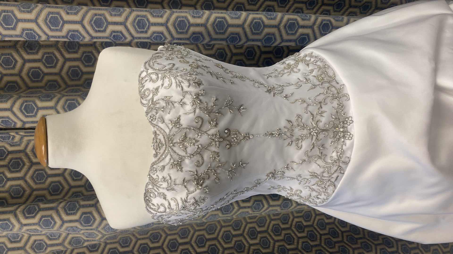 Photo 1 of BRIDAL GOWN “EXCLUSIVE BRIDAL BY ACE” WHITE SATIN STRAPLESS w SILVER & GOLD BEADING SIZE 8