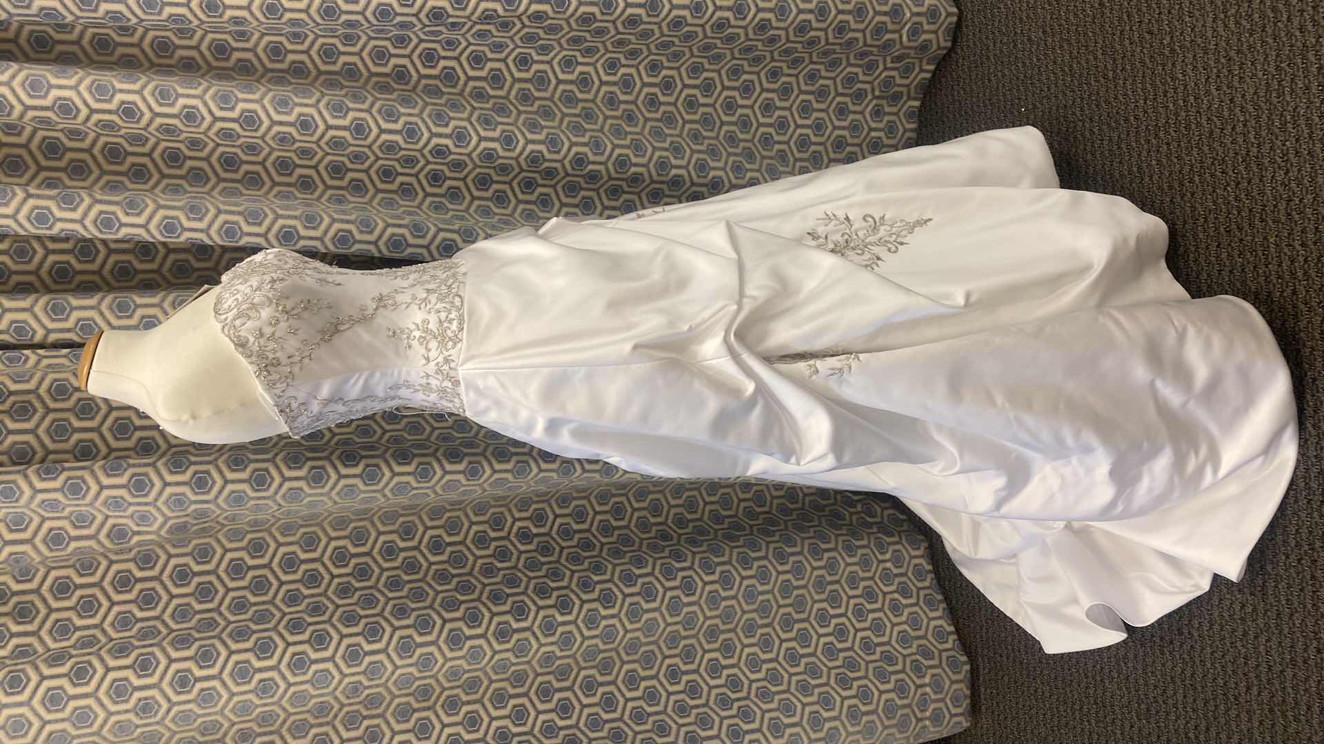 Photo 1 of BRIDAL GOWN “EXCLUSIVE BRIDAL BY ACE” WHITE SATIN STRAPLESS w SILVER & GOLD BEADING SIZE 8
