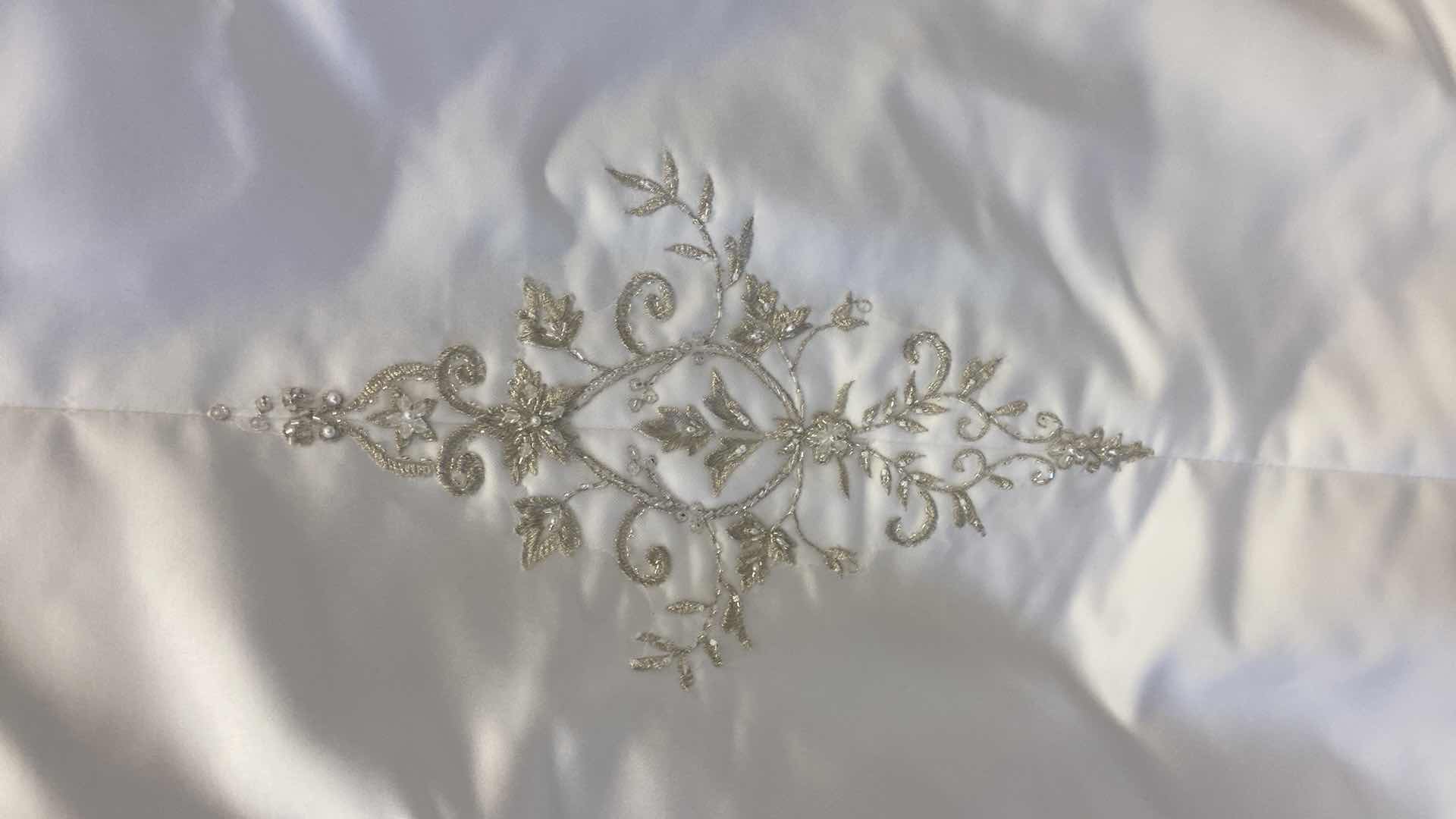 Photo 1 of BRIDAL GOWN “EXCLUSIVE BRIDAL BY ACE” WHITE SATIN STRAPLESS w SILVER & GOLD BEADING SIZE 8