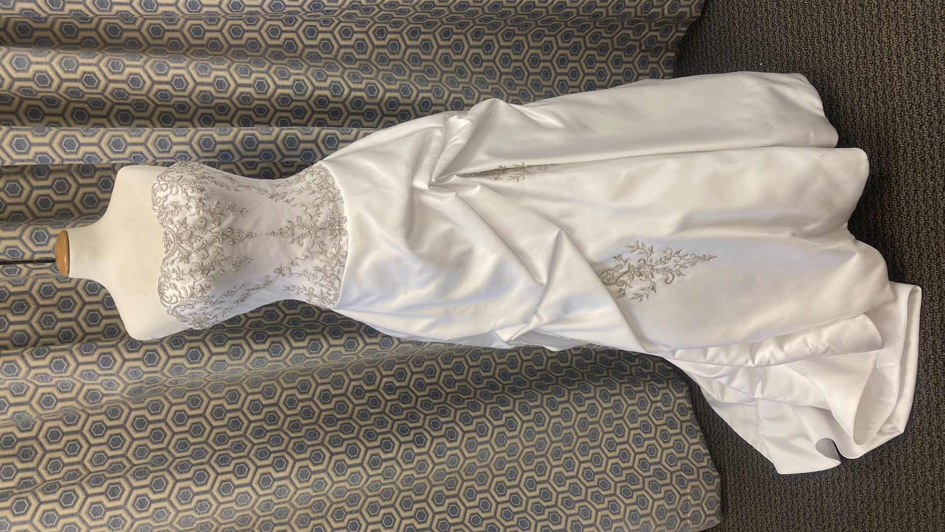 Photo 1 of BRIDAL GOWN “EXCLUSIVE BRIDAL BY ACE” WHITE SATIN STRAPLESS w SILVER & GOLD BEADING SIZE 8
