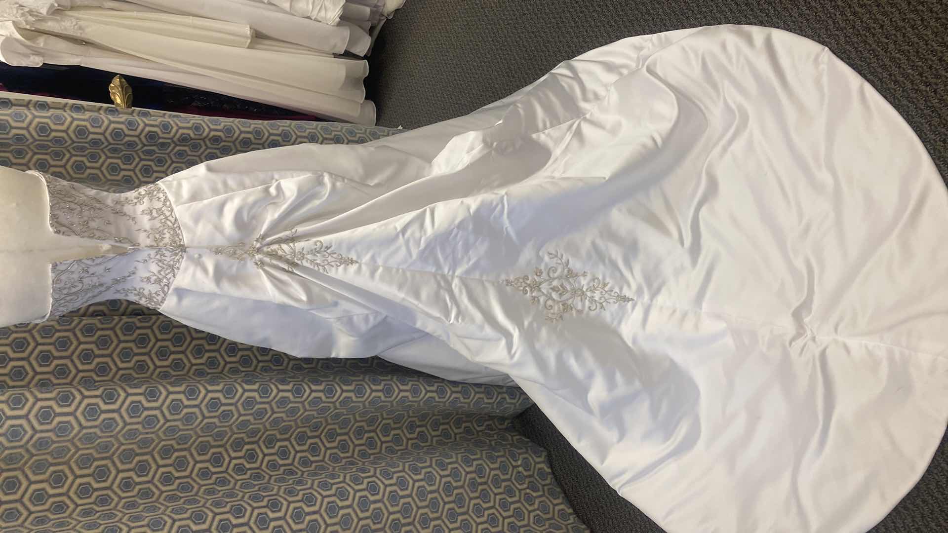 Photo 1 of BRIDAL GOWN “EXCLUSIVE BRIDAL BY ACE” WHITE SATIN STRAPLESS w SILVER & GOLD BEADING SIZE 8