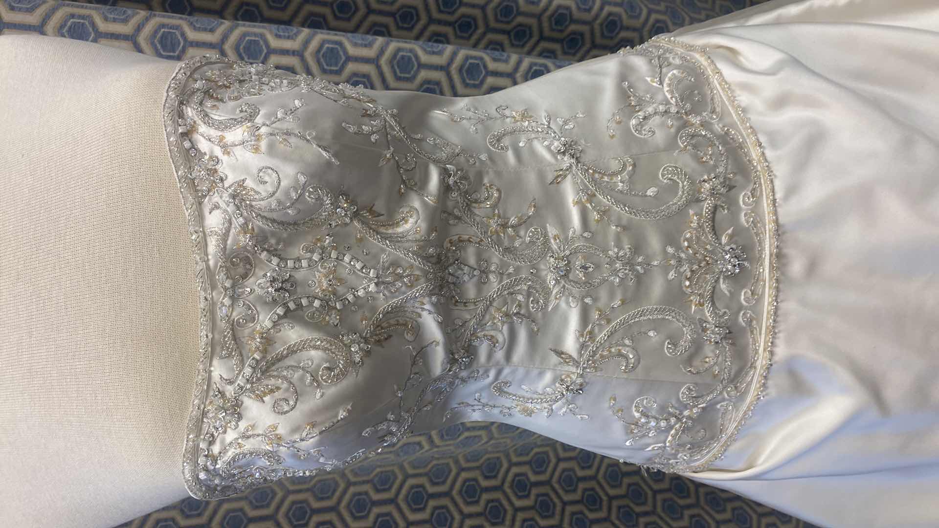Photo 1 of BRIDAL GOWN “MAGGIE SOTTERO” IVORY SATIN STRAPLESS CORSET BACK w SILVER & GOLD BEADING SIZE 8