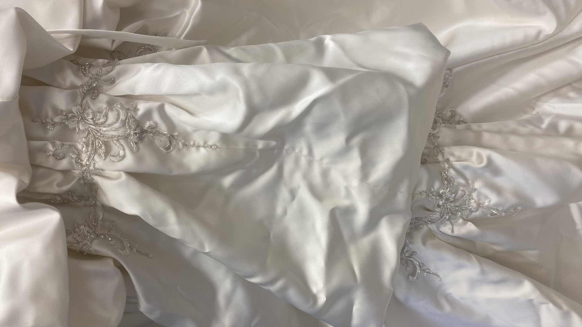 Photo 1 of BRIDAL GOWN “MAGGIE SOTTERO” IVORY SATIN STRAPLESS CORSET BACK w SILVER & GOLD BEADING SIZE 8
