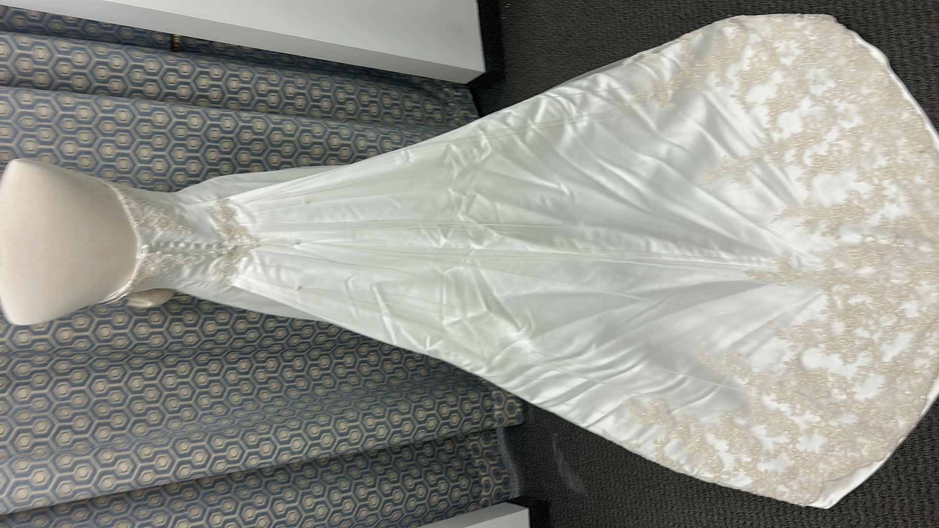 Photo 1 of BRIDAL GOWN, MAGGIE SOTTERO, ONE-PIECE A-LINE STRAPLESS WEDDING GOWN WITH COVERED BUTTONS OVER INNER CLOSURE, TULLE OVERLAY WITH DELICATE LACE, DIAMOND WHITE/CHAMPAGNE, SIZE 8/10, 