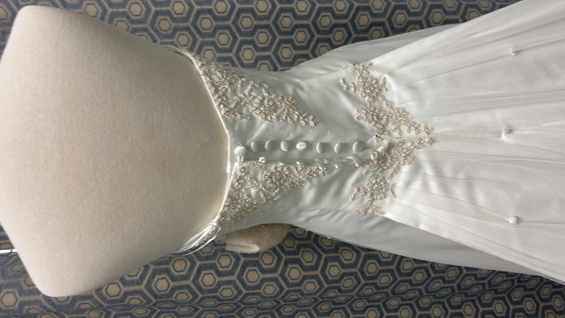 Photo 1 of BRIDAL GOWN, MAGGIE SOTTERO, ONE-PIECE A-LINE STRAPLESS WEDDING GOWN WITH COVERED BUTTONS OVER INNER CLOSURE, TULLE OVERLAY WITH DELICATE LACE, DIAMOND WHITE/CHAMPAGNE, SIZE 8/10, 