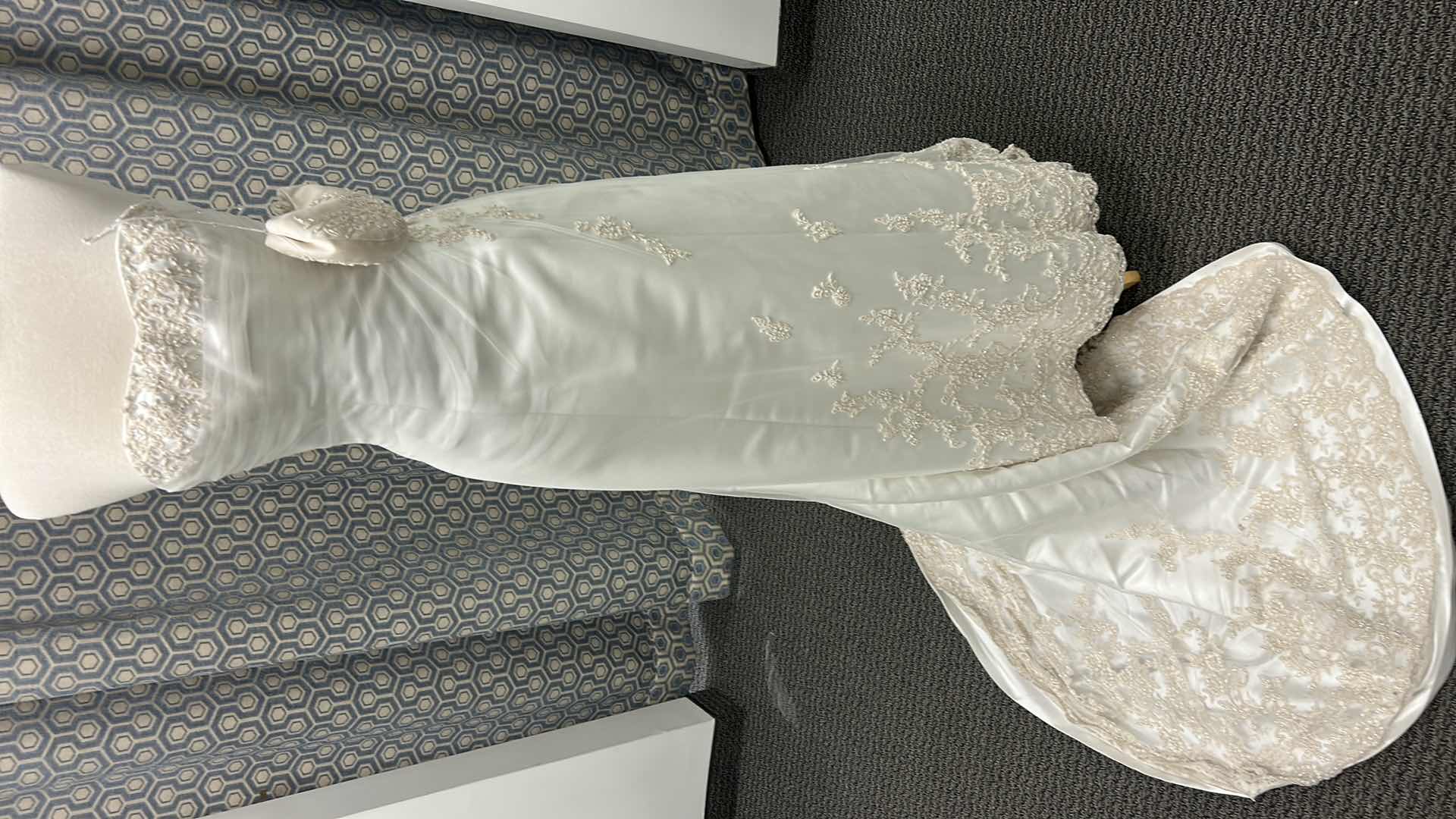 Photo 1 of BRIDAL GOWN, MAGGIE SOTTERO, ONE-PIECE A-LINE STRAPLESS WEDDING GOWN WITH COVERED BUTTONS OVER INNER CLOSURE, TULLE OVERLAY WITH DELICATE LACE, DIAMOND WHITE/CHAMPAGNE, SIZE 8/10, 