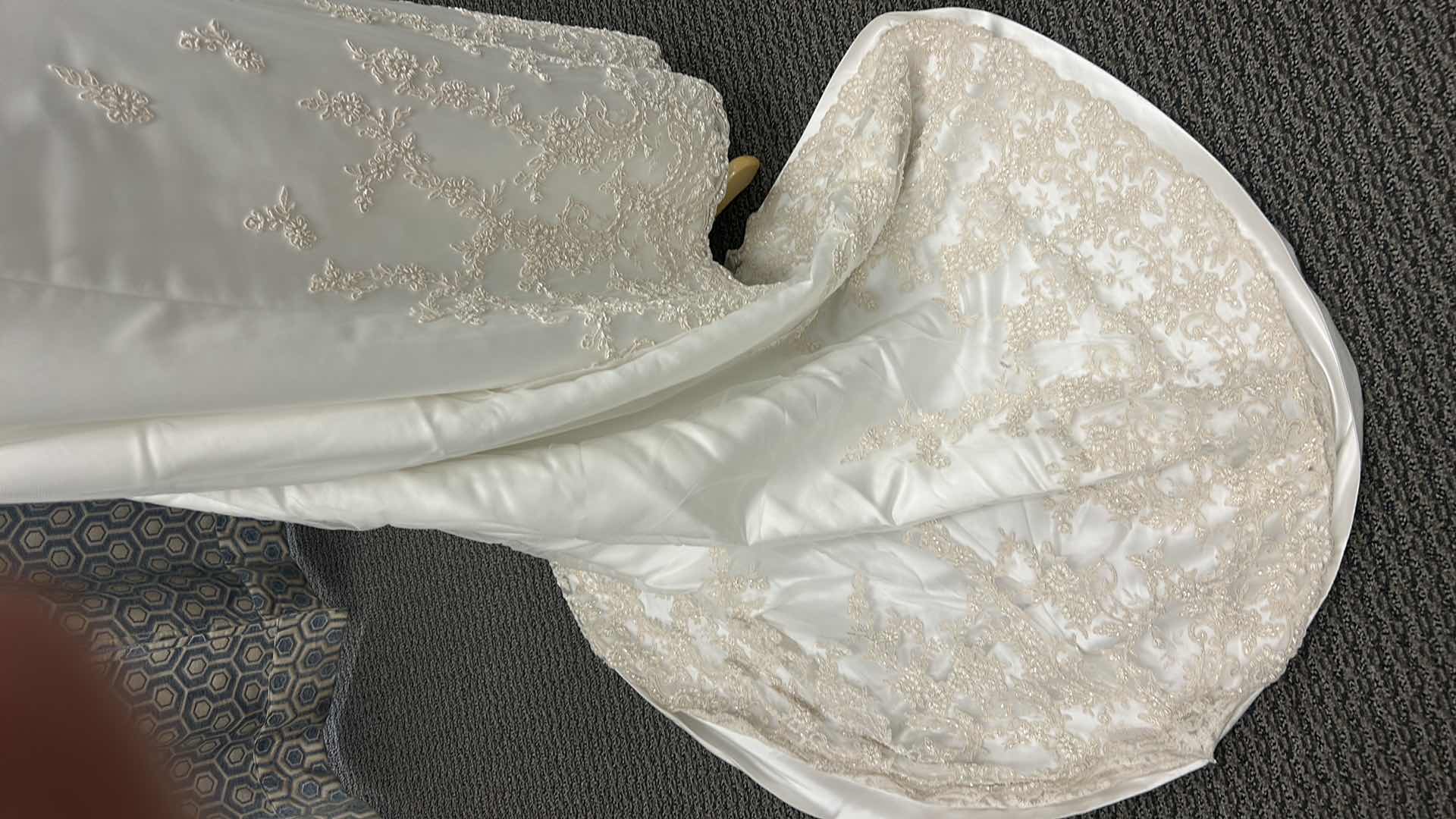 Photo 1 of BRIDAL GOWN, MAGGIE SOTTERO, ONE-PIECE A-LINE STRAPLESS WEDDING GOWN WITH COVERED BUTTONS OVER INNER CLOSURE, TULLE OVERLAY WITH DELICATE LACE, DIAMOND WHITE/CHAMPAGNE, SIZE 8/10, 