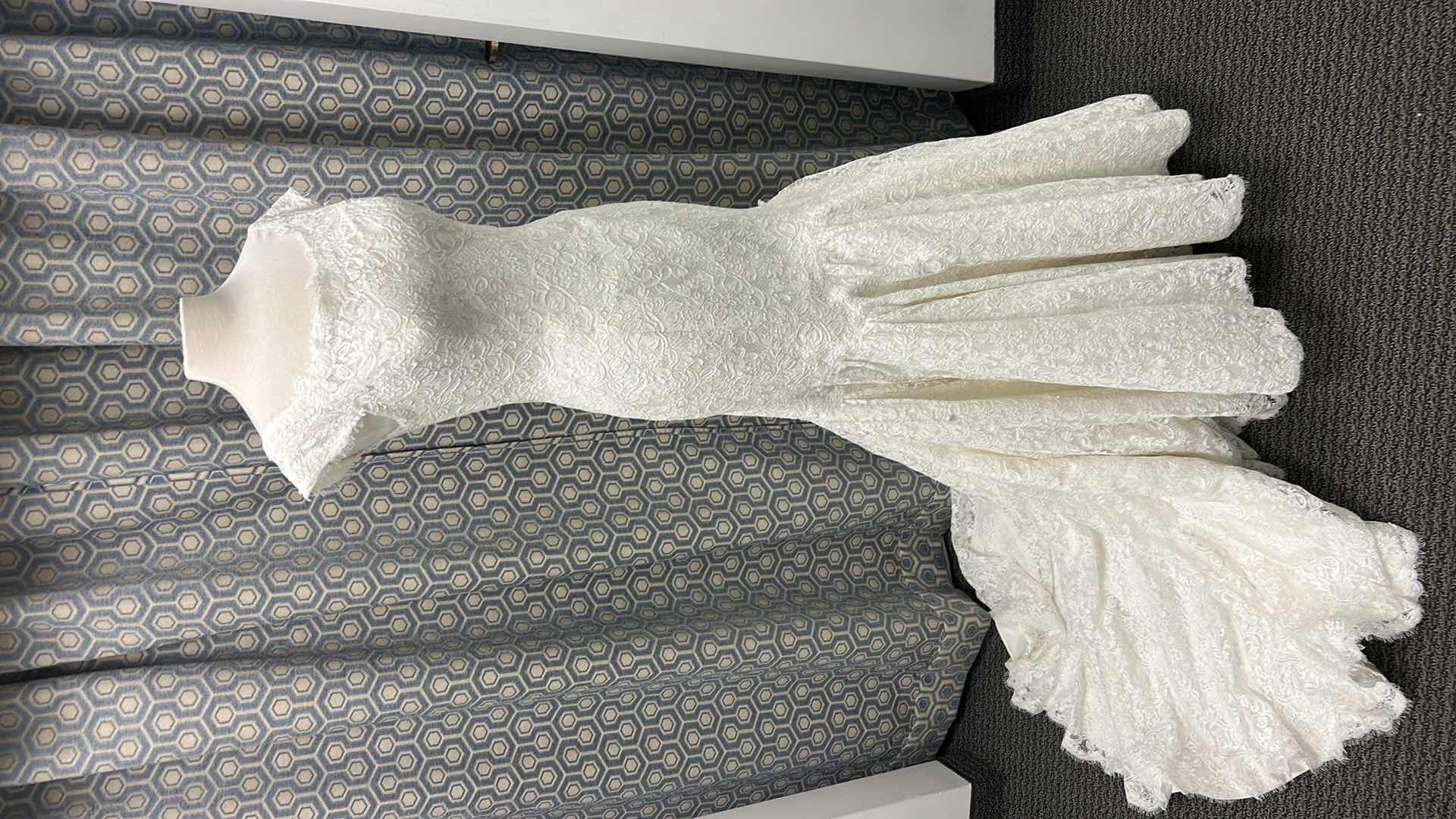 Photo 1 of BRIDAL GOWN, SOTTERO MID KNEE ONE PIECE, SLIM AND FLARE OFF SHOULDER, NECLINE BUTTON, NO ZIPPER IVORY, ELEGANT LACE SIZE 10
