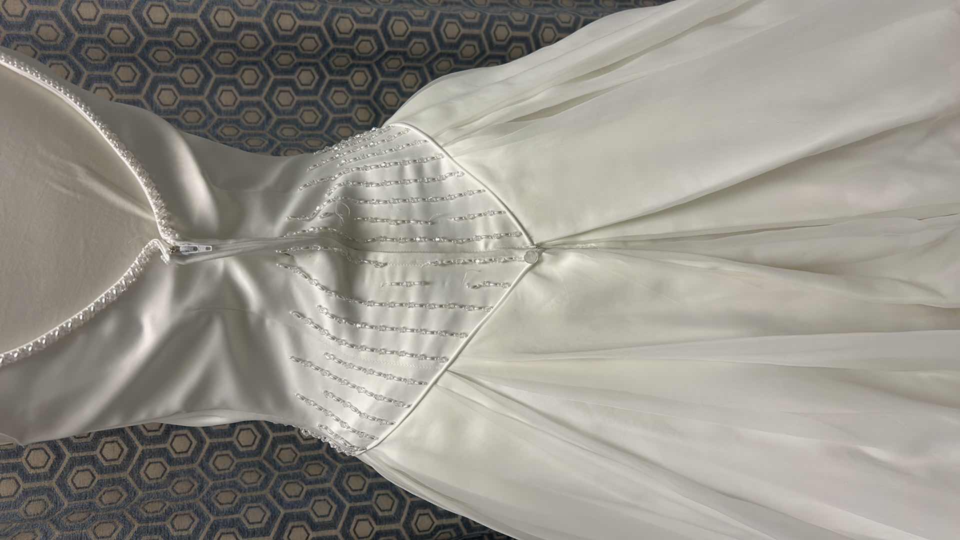 Photo 1 of BRIDAL GOWN, “PALOMA BLANCA” SATIN BODICE WITH PEARL AND CRYSTAL DETAIL, OPTIONAL SPAGHETTI STRAPS, FULL ORGANZA OVER SATIN SKIRT, MEDIUM TRAIN, IVORY, SIZE 10. $1500