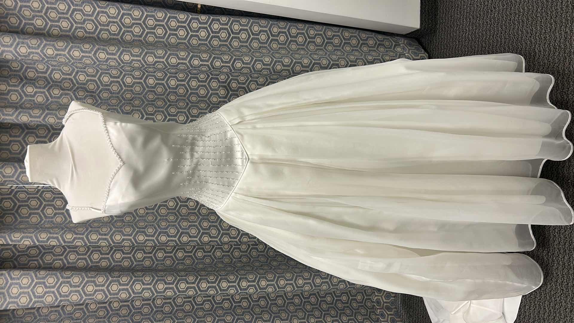 Photo 1 of BRIDAL GOWN, “PALOMA BLANCA” SATIN BODICE WITH PEARL AND CRYSTAL DETAIL, OPTIONAL SPAGHETTI STRAPS, FULL ORGANZA OVER SATIN SKIRT, MEDIUM TRAIN, IVORY, SIZE 10. $1500