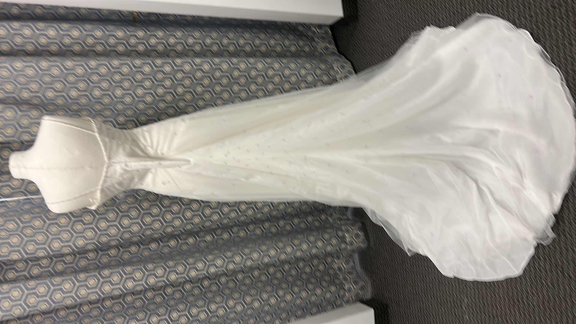 Photo 1 of BRIDAL GOWN, "MONIQUE" IVORY SATIN. A-LINE, LILAC AND GREEN BEADING, MEDIUM TRAIN, SIZE 10 