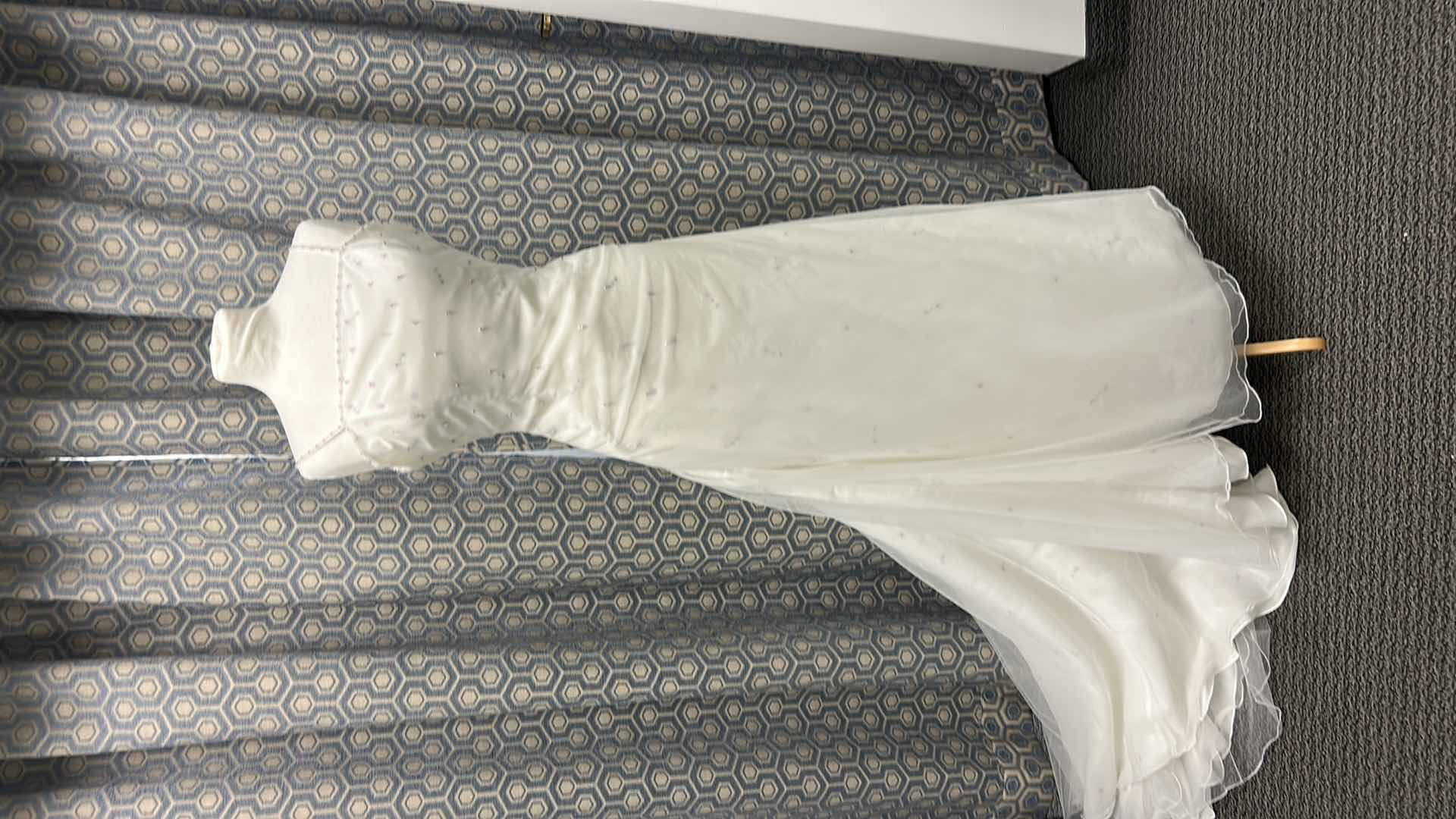 Photo 1 of BRIDAL GOWN, "MONIQUE" IVORY SATIN. A-LINE, LILAC AND GREEN BEADING, MEDIUM TRAIN, SIZE 10 