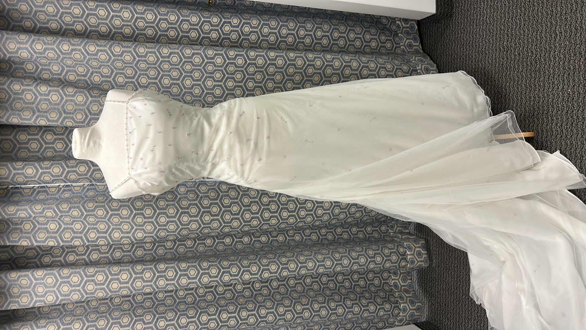 Photo 1 of BRIDAL GOWN, "MONIQUE" IVORY SATIN. A-LINE, LILAC AND GREEN BEADING, MEDIUM TRAIN, SIZE 10 