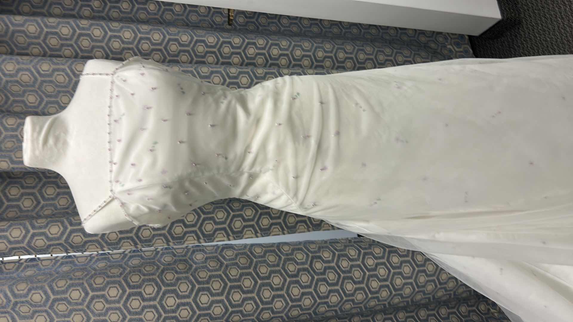Photo 1 of BRIDAL GOWN, "MONIQUE" IVORY SATIN. A-LINE, LILAC AND GREEN BEADING, MEDIUM TRAIN, SIZE 10 