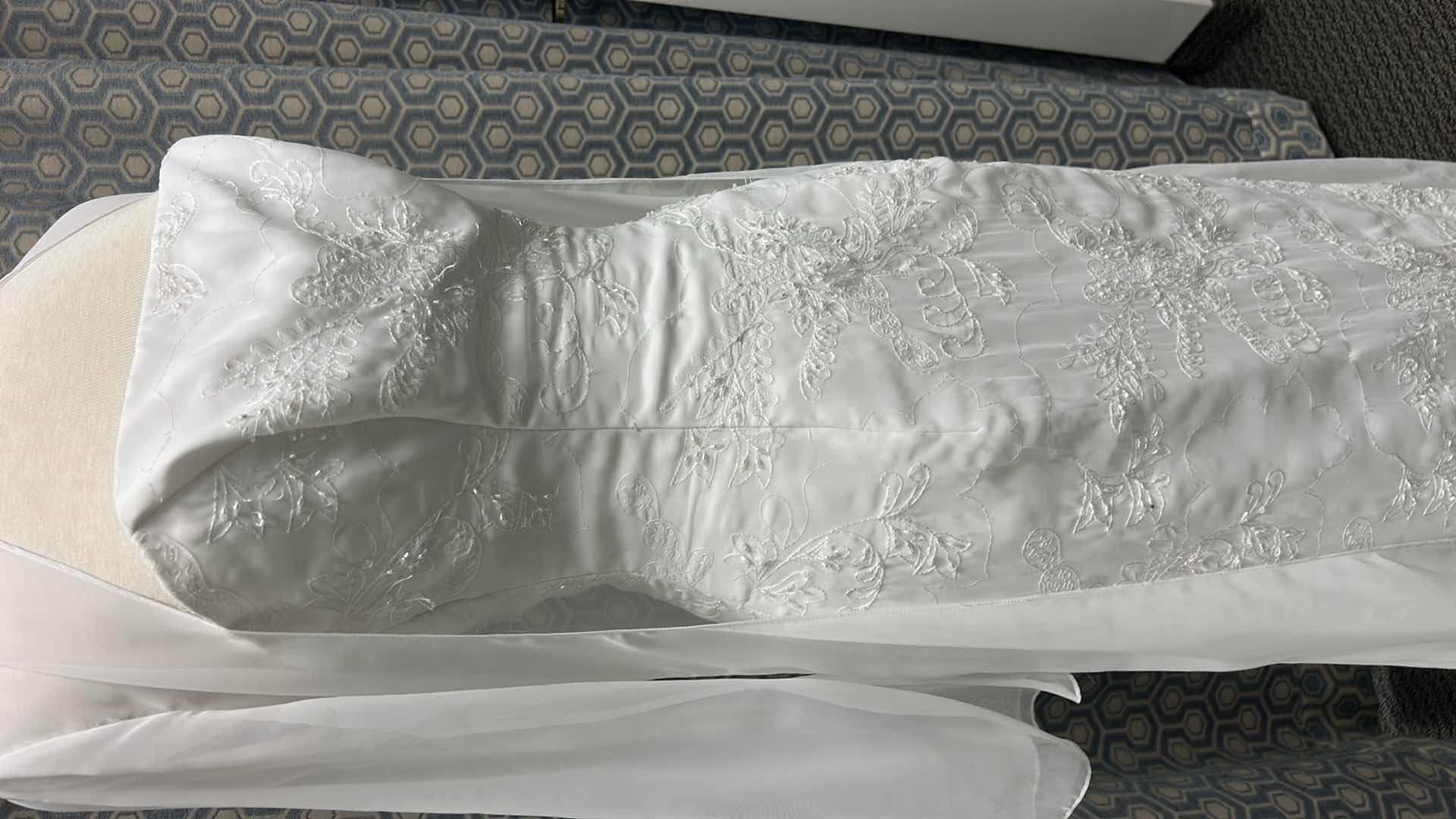 Photo 1 of BRIDAL GOWN, "MAGGIE SOTERO" ONE-PIECE SATIN AND CHIFFON GOWN FEATURING LACE IN THE SHADE WHITE DIAMOND, SIZE 10, WITH REMOVABLE SHEER LONG SLEEVE OVERLAY. $1200