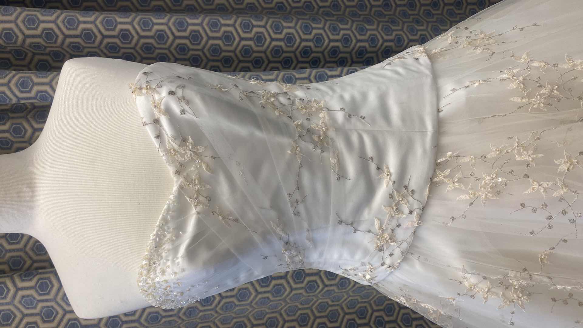 Photo 1 of BRIDAL GOWN “MAGGIE SOTTERO” IVORY SATIN & TULLE STRAPLESS CORSET BACK w RHINESTONES & EMBROIDERY SIZE 10