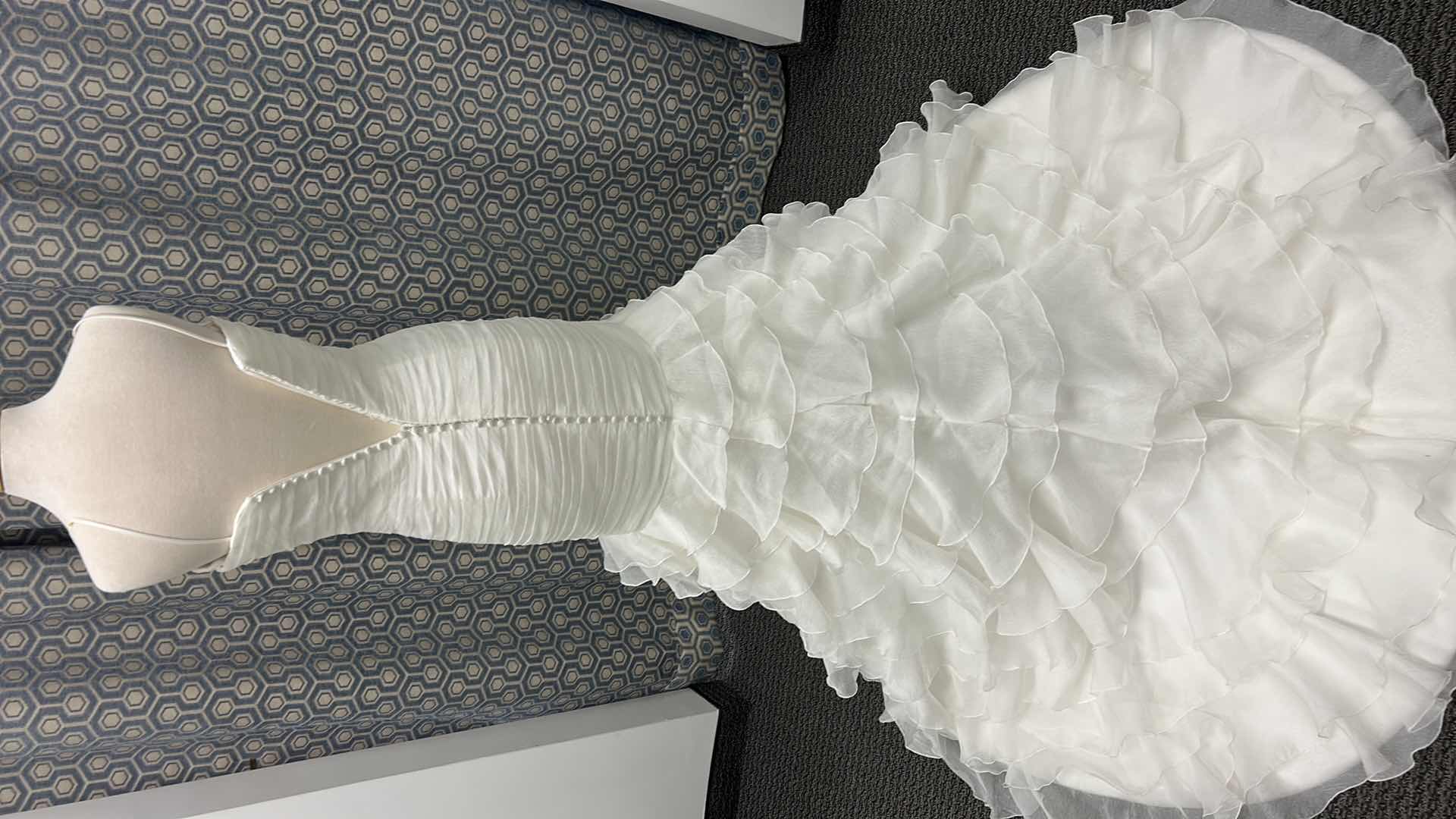 Photo 1 of BRIDAL GOWN, SLEEVELESS WHITE MERMAID, DEEP V NECKLINE, RUCHED BODICE, CASCADING LAYERED RUFFLES SKIRT, SIZE 12 